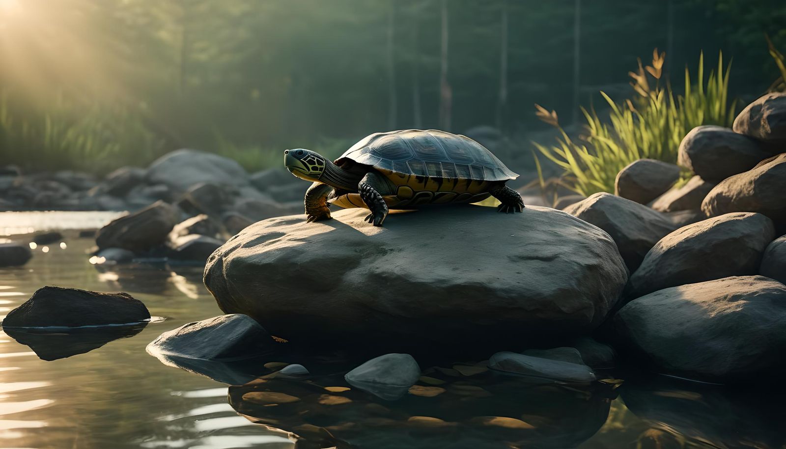 Turtle in Pond at Sunrise: Cinematic Still