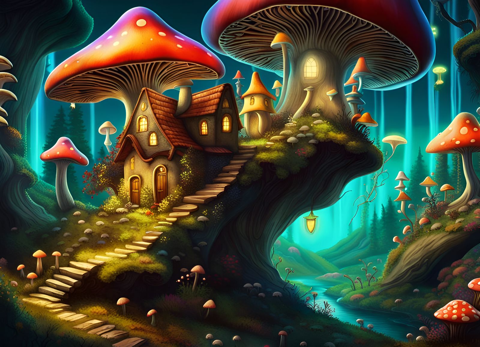 Surreal Mushroom Forest with Fairy City in Dali Style