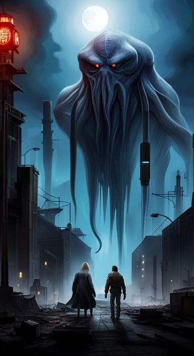 Cthulhu in Dystopian City: Digital Painting