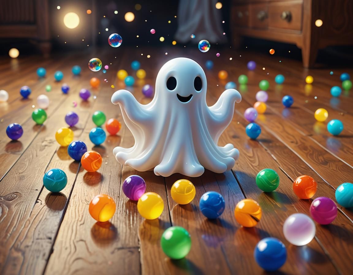 Cute Ghost and Marbles in Whimsical Digital Art