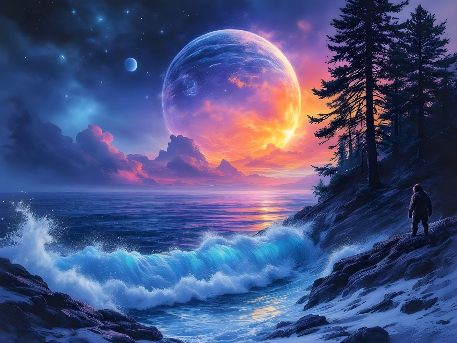 Sasquatch watches the moon rise over the ocean.