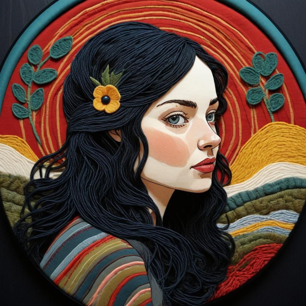 Whimsical Striped Portrait in Textile Art Style