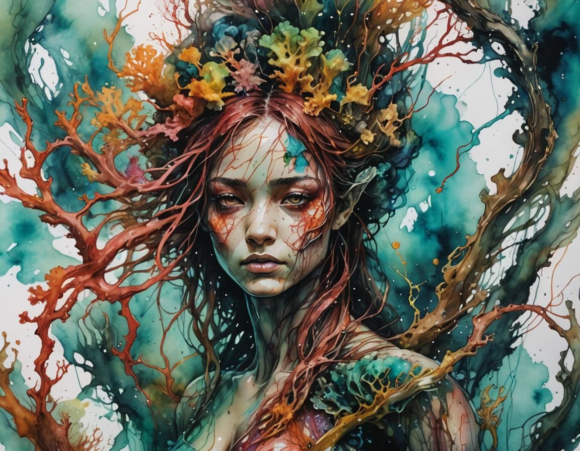Underwater Avatar in Coral Reef, Alcohol Ink Style