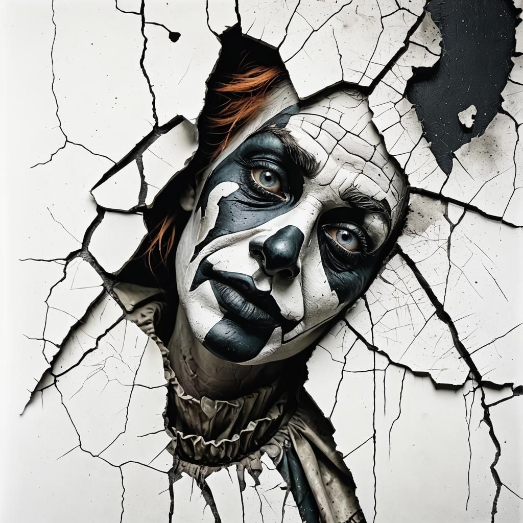 Surreal Clown Face Blends into Decayed Surface