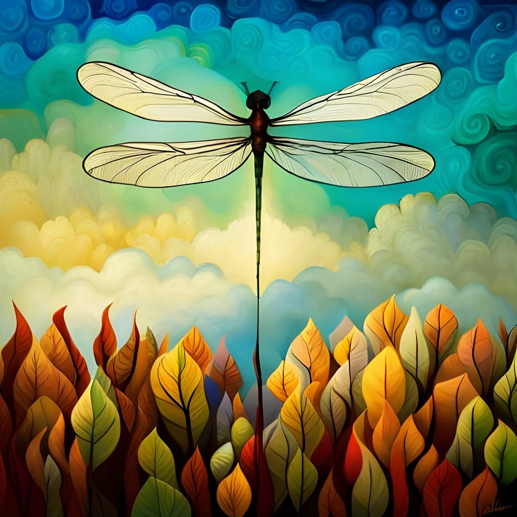 Iridescent Dragonfly in Abstract Collage Style