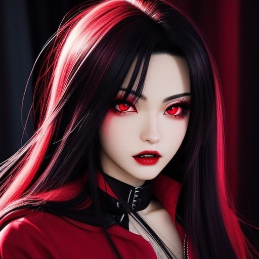 Anime Teen with Red Eyes and Fangs
