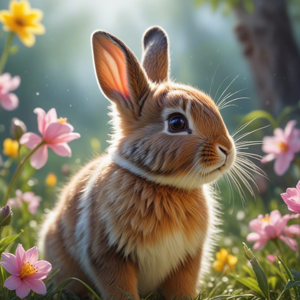 Vibrant Spring Morning Oil Painting of Happy Bunny in Lush M...