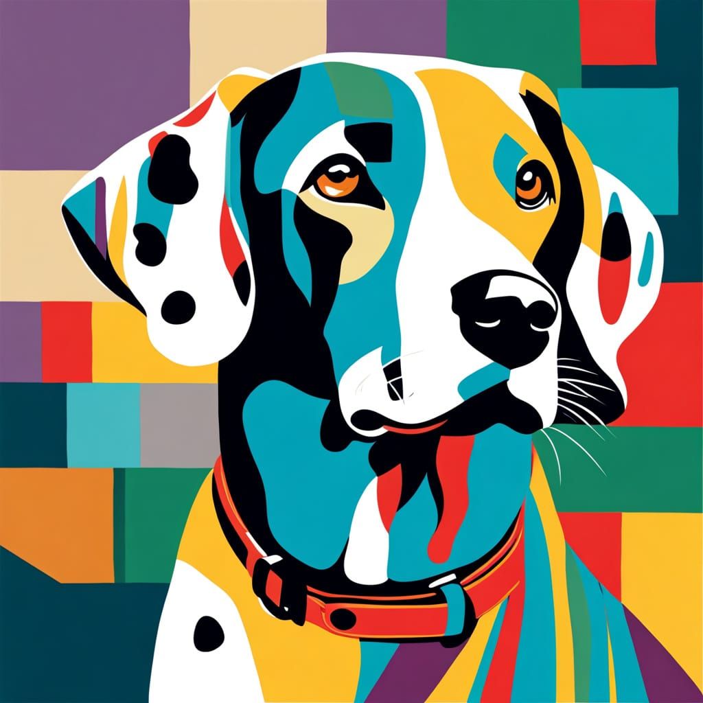 Vibrant Pop Art Dalmatian Portrait with Geometric Stripes