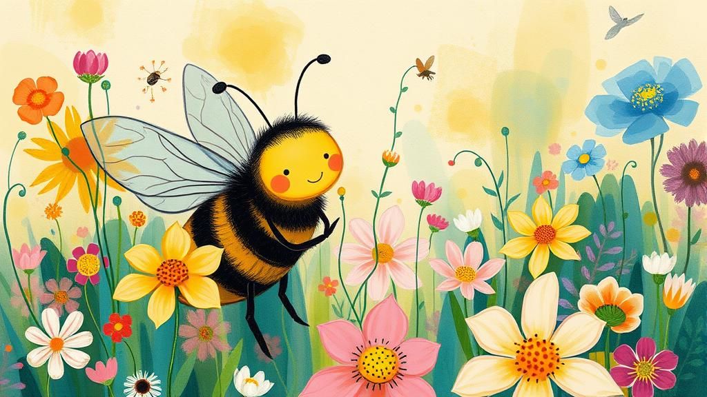 Maya the Bee in a Dreamy Meadow, Quentin Blake Style