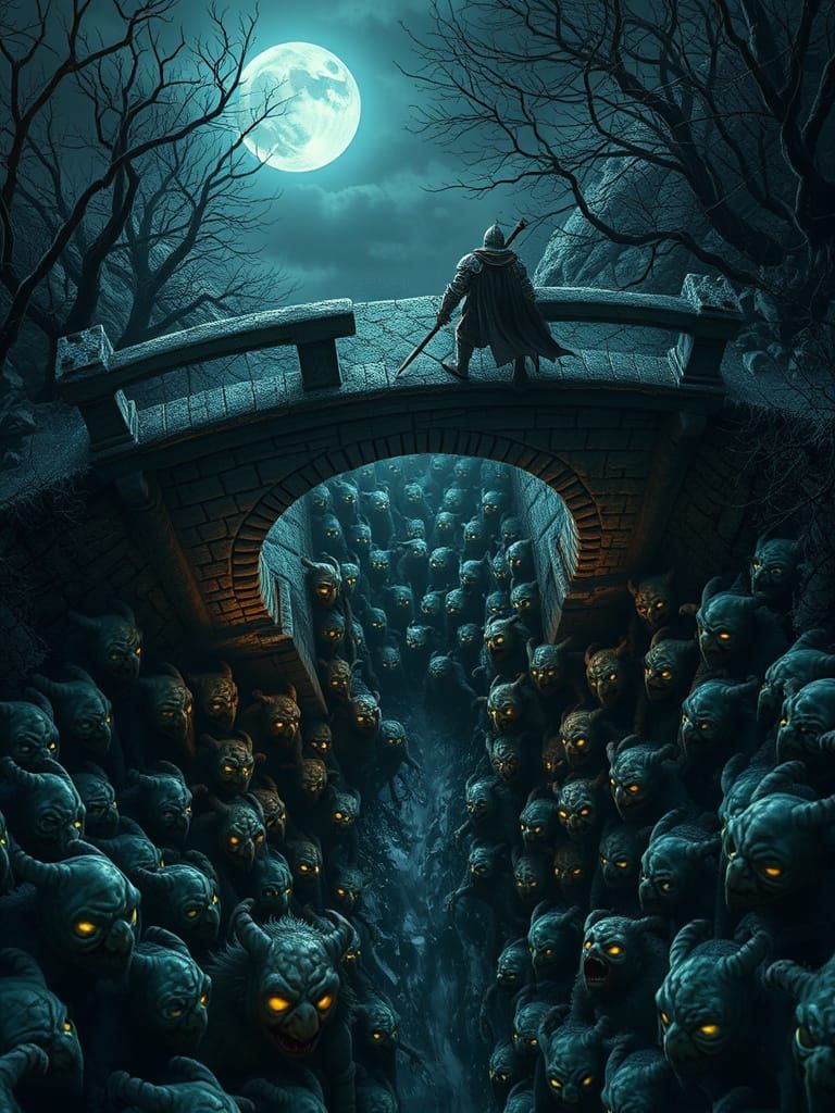 Moonlit Trolls Crawling from Under Bridge