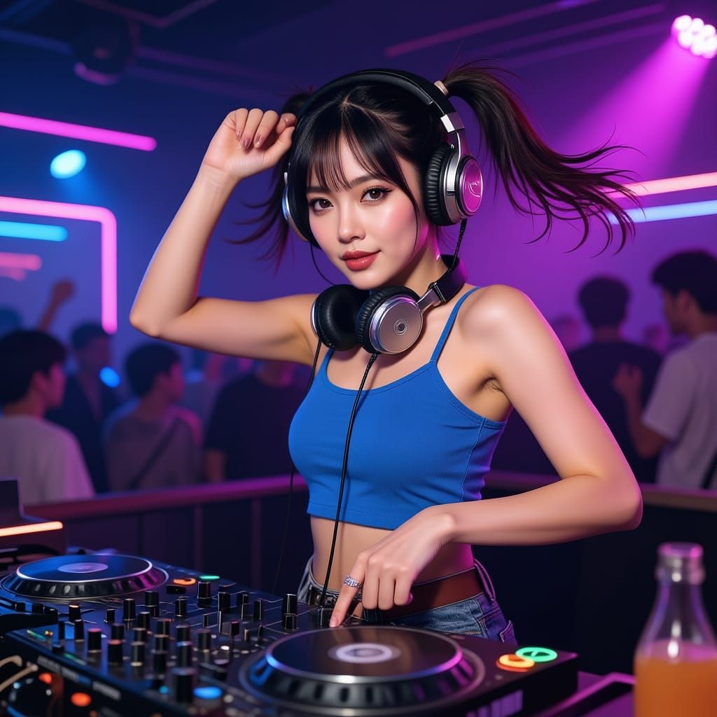 K-Pop DJ Thai Lady Performing in Neon Nightclub
