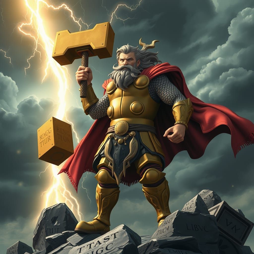 Thor on Mountain with Mjolnir, Dark Fantasy Art