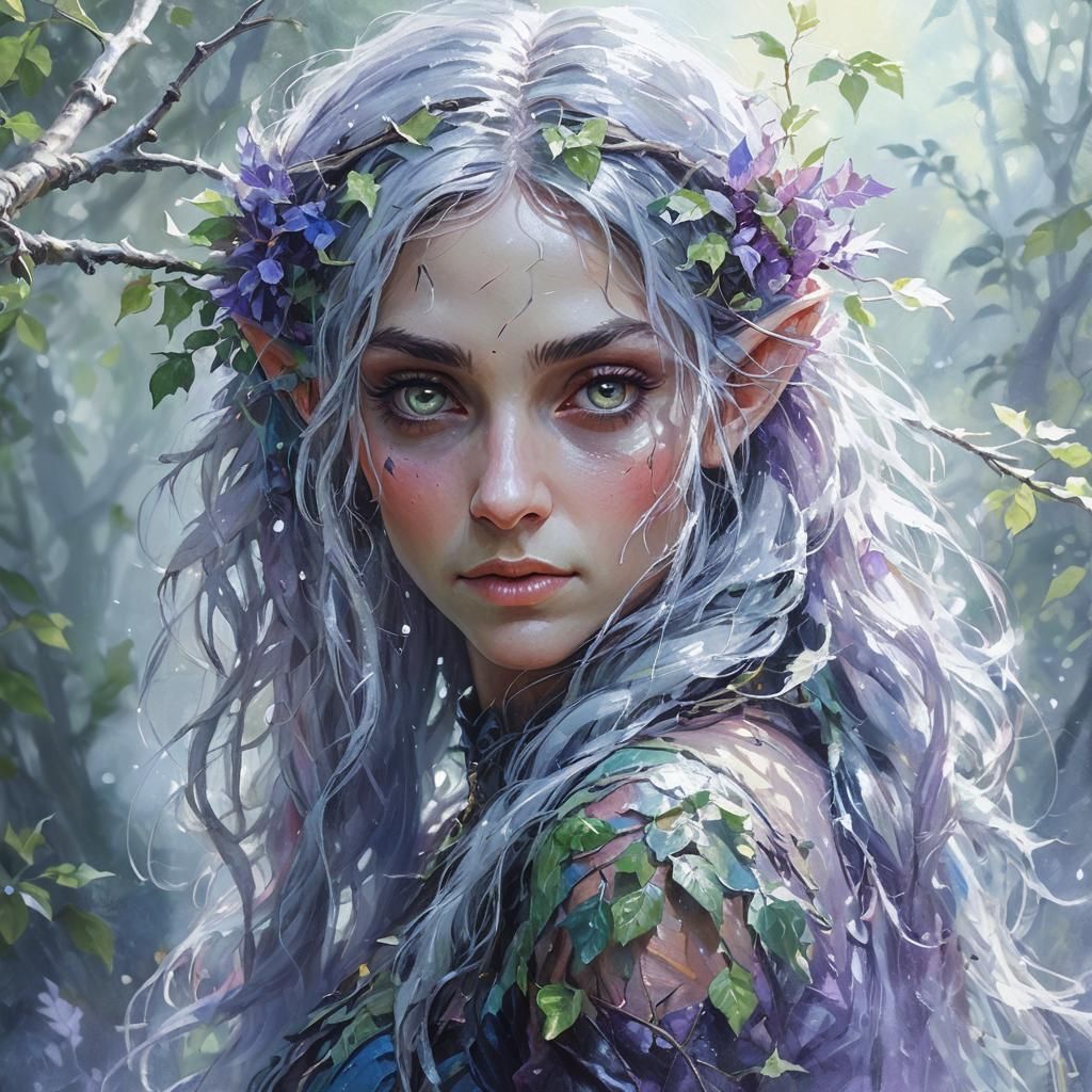 Enchanting Elf Girl in Lush Greenery, Impressionist Oil Pain...