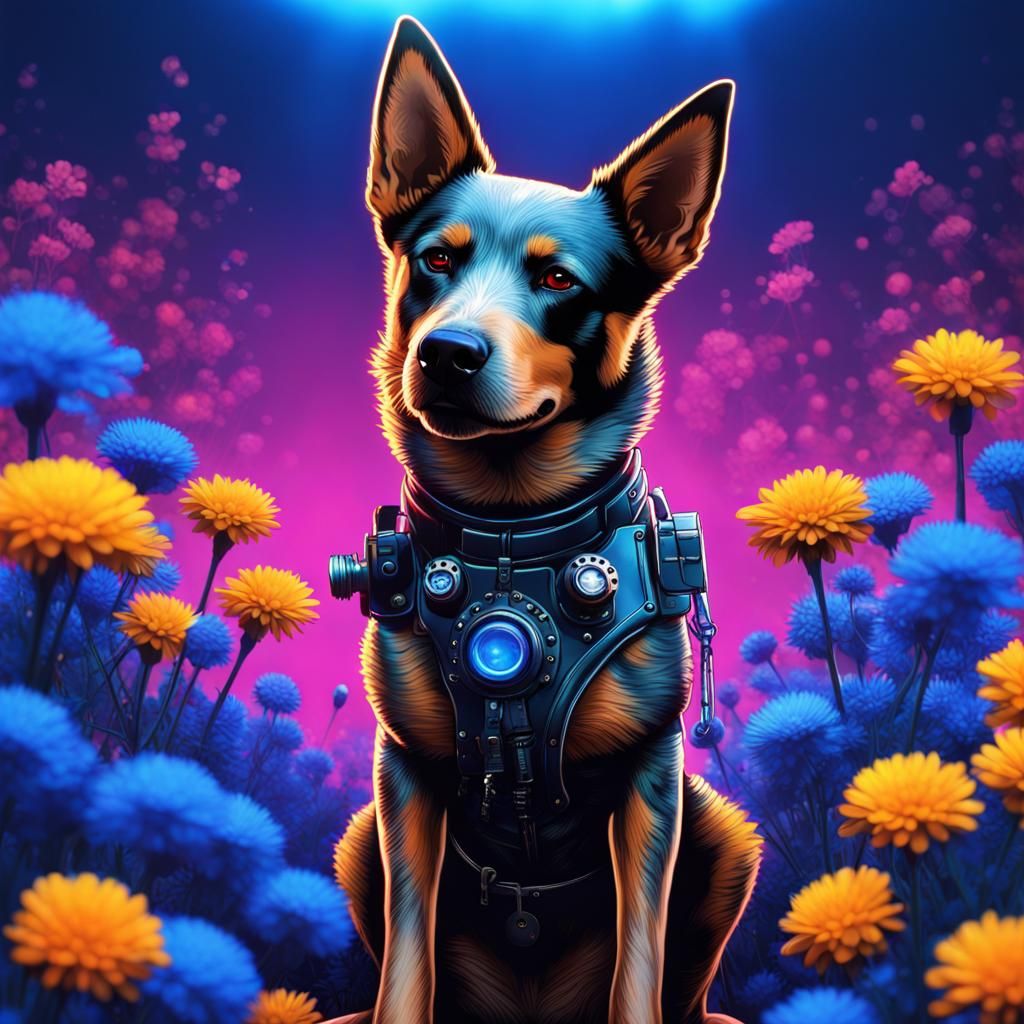Steampunk Australian Cattle Dog in Cyberpunk Floral Scene