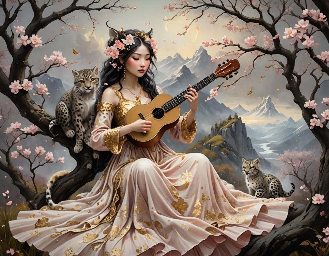 Fairy with Ukulele in Blossom Tree, Fantasy Landscape