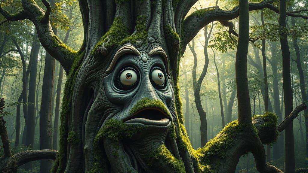 Moss-Covered Tree Trunk with Anime-Inspired Texture in Ancie...