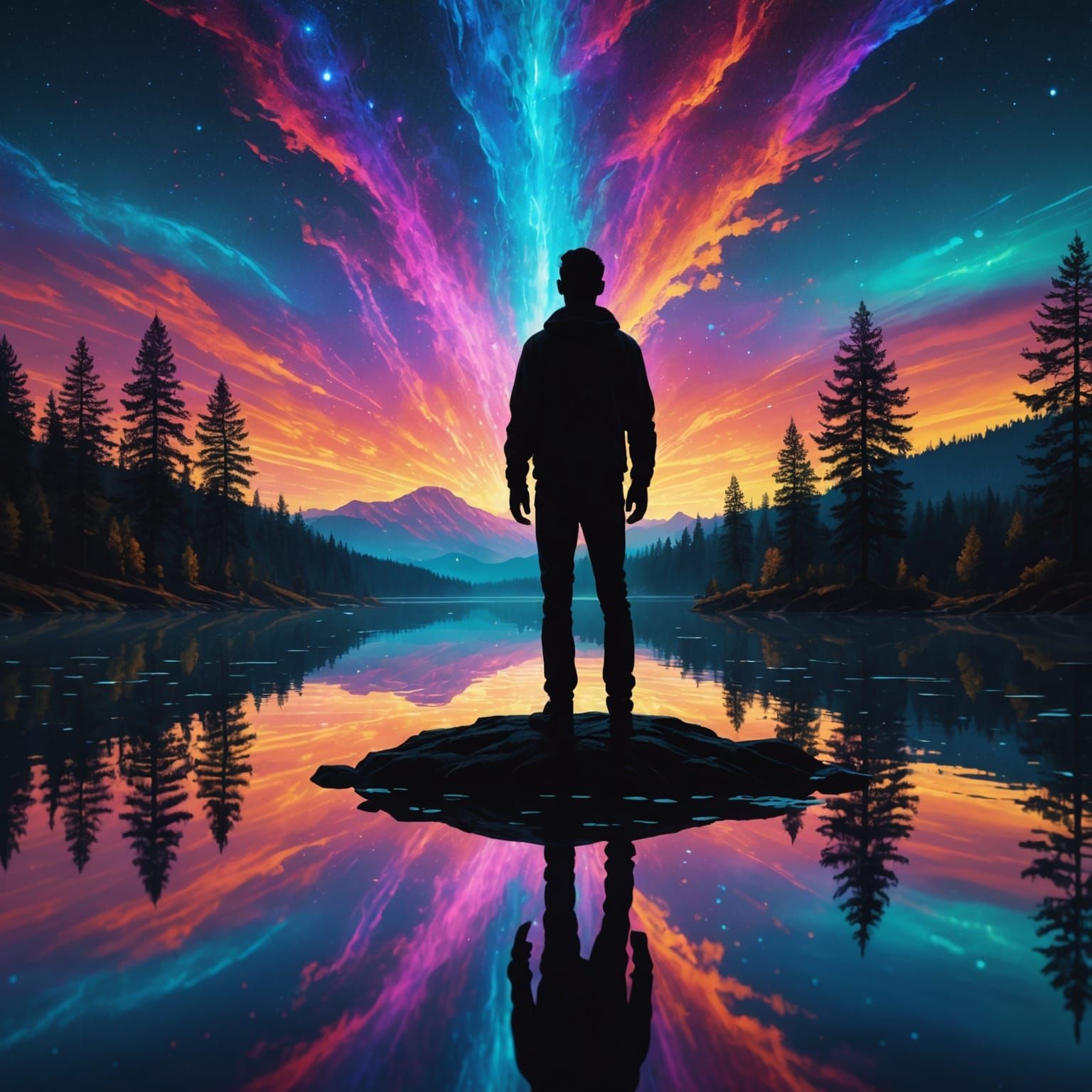 Colorful Silhouette Reflects in Astral Lake