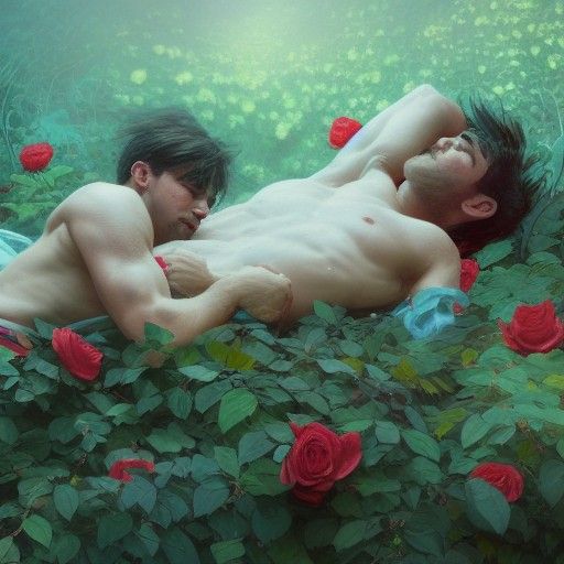 Men Wrestling on Roses: Art Nouveau Concept