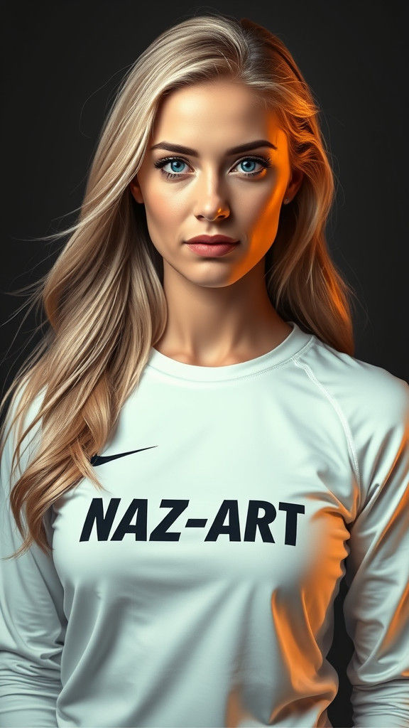 A black-and-white full-body portrait of an average-looking woman with long blonde hair. Wearing white Nike top with "NAZ...