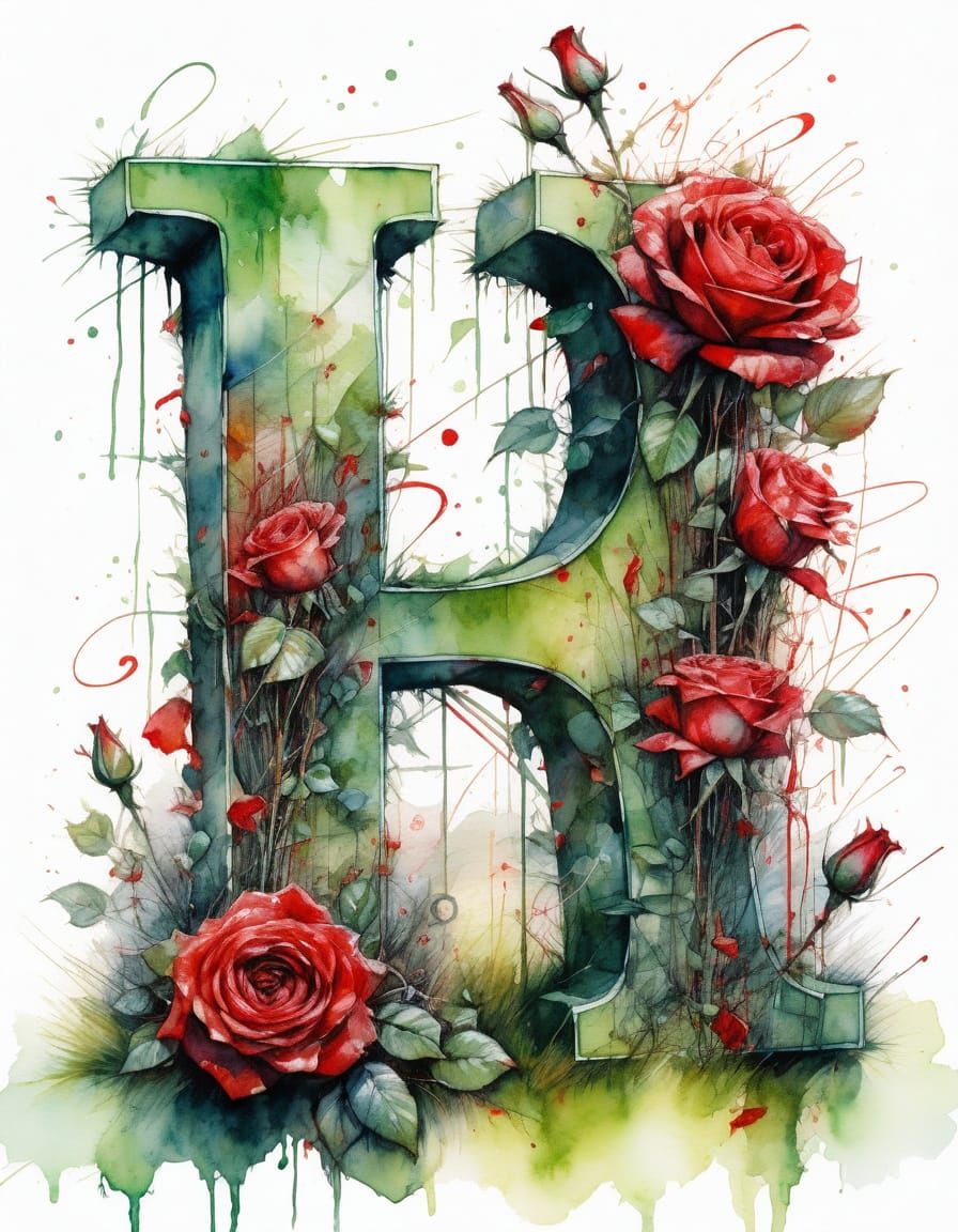 Bold I Letters Surrounded by Climbing Red Roses on a Green F...