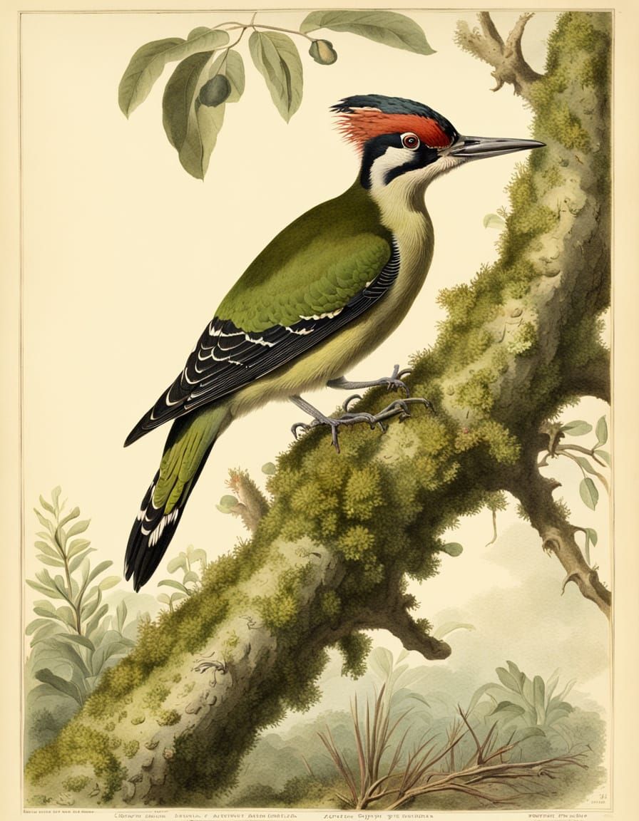Nineteenth century zoological style book illustration of a Green Woodpecker