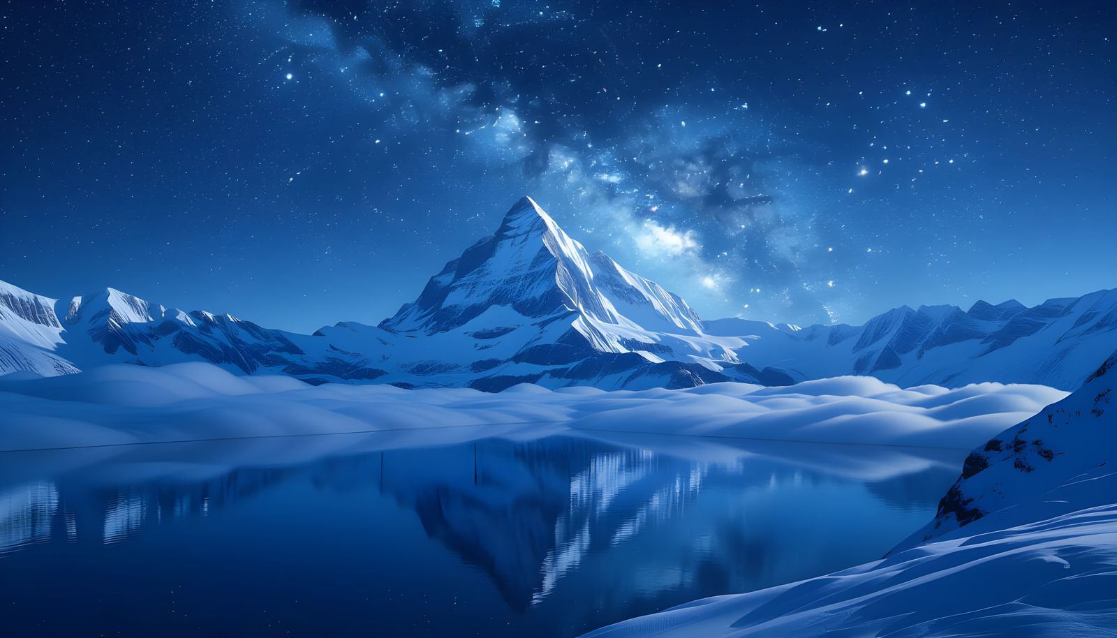 Moonlit Mountain Peak Reflects Starry Night Sky
