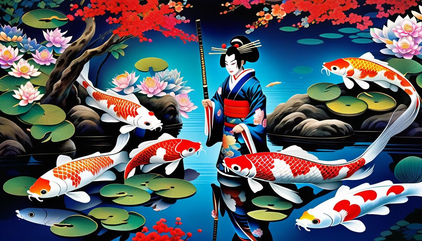 Vibrant Kabuki Performer in Koi Garden Digital Art