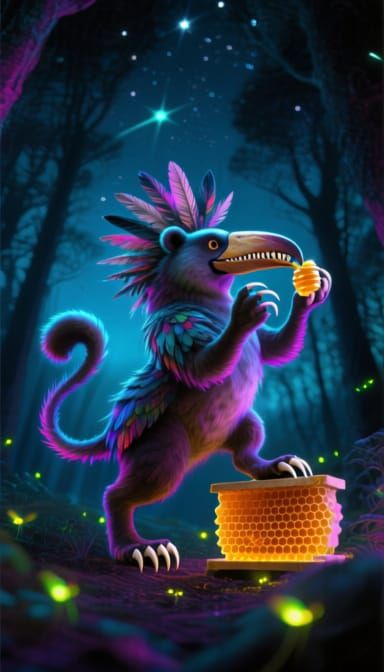 Bioluminescent Creature Eating Fireflies in Alien Forest