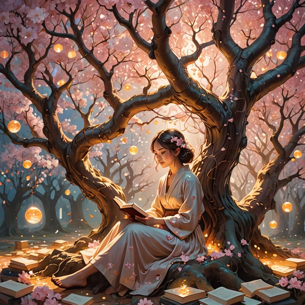 Cherry Blossom Tree Library in Magic Realism