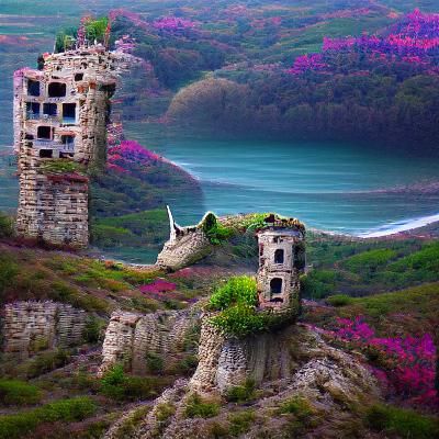 Coastal Castle Ruins in Surreal Style