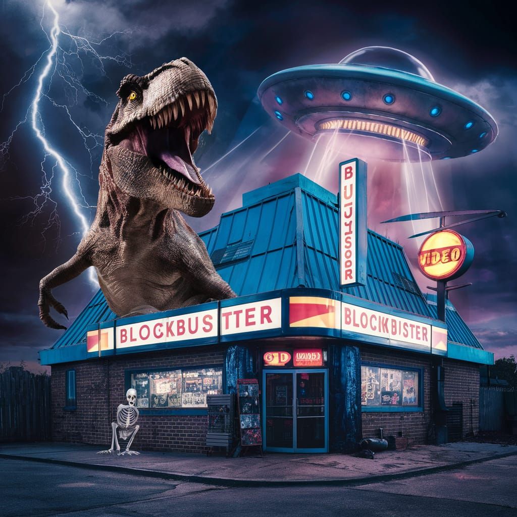 Whimsical T-Rex Invades Retro Blockbuster Video