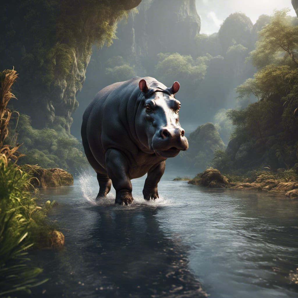 Detailed Hippo in River: Matte Painting