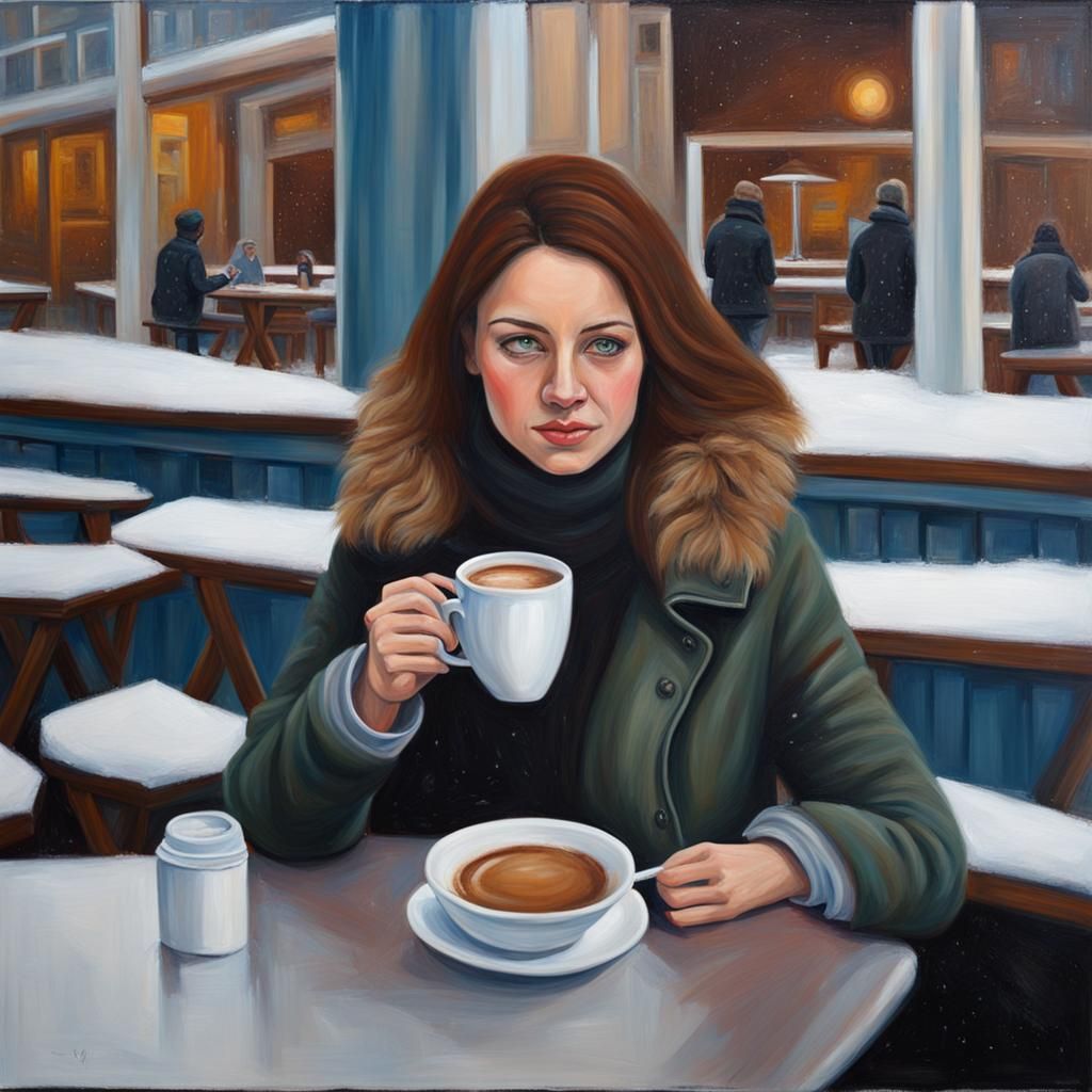 Hyperrealistic Oil Painting of Woman at Snowy Cafe