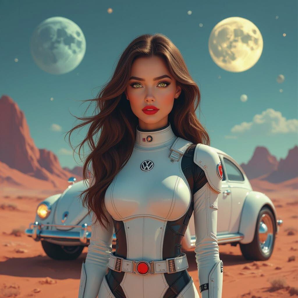 Futuristic Woman on Alien Planet with Beetle Spaceship