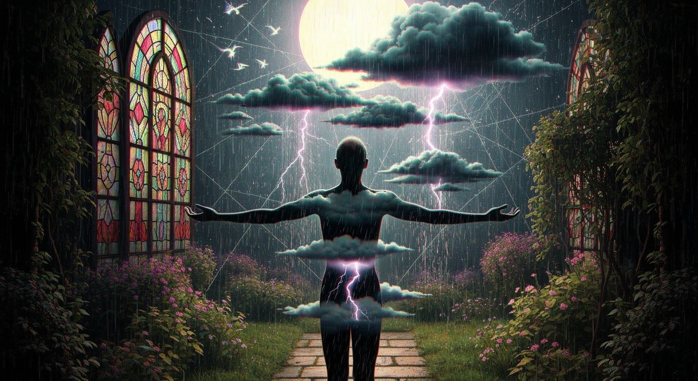 Lone Figure in Surreal Garden Under Glitchy Moonlight