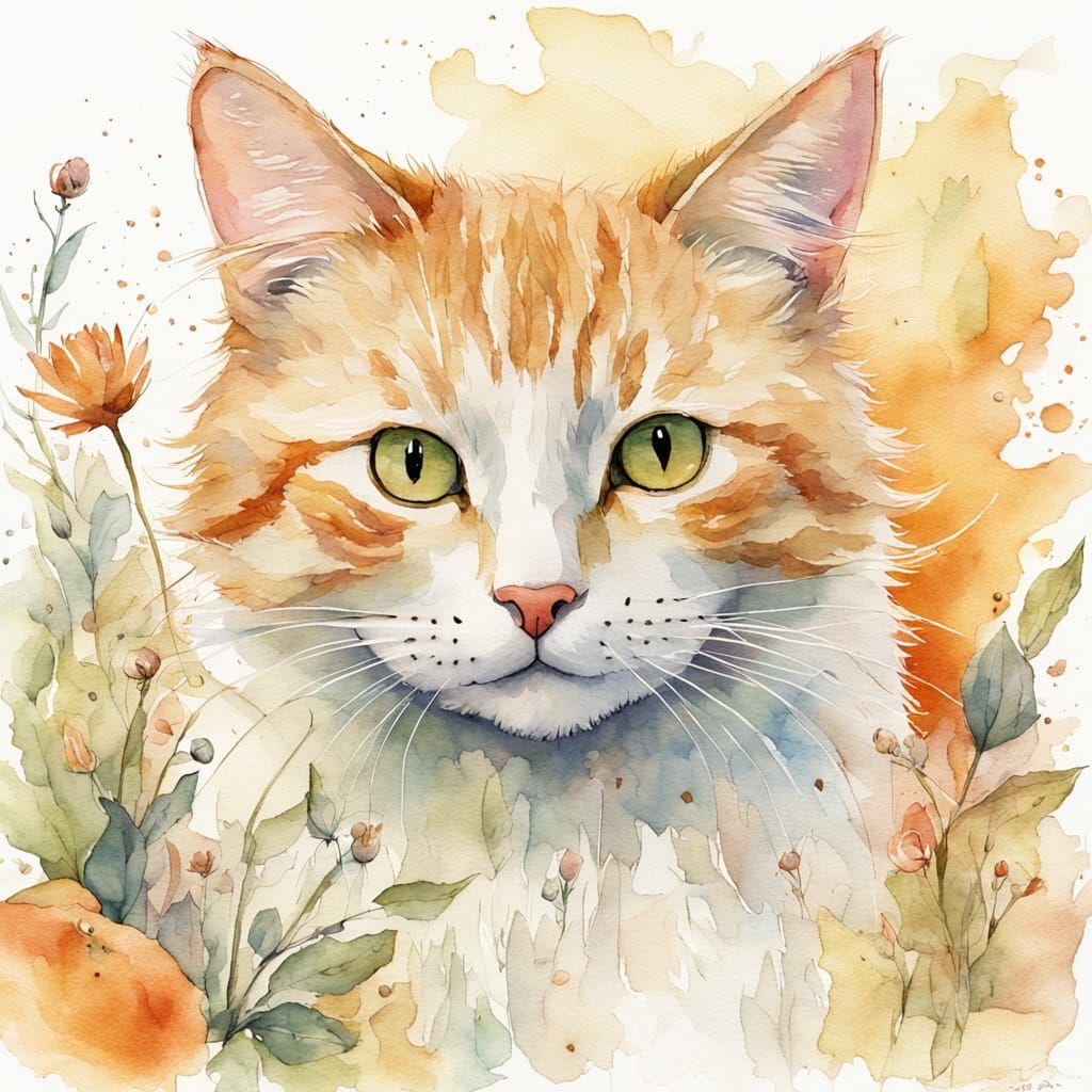 Whimsical Watercolor Portrait of a Gentle Orange Cat