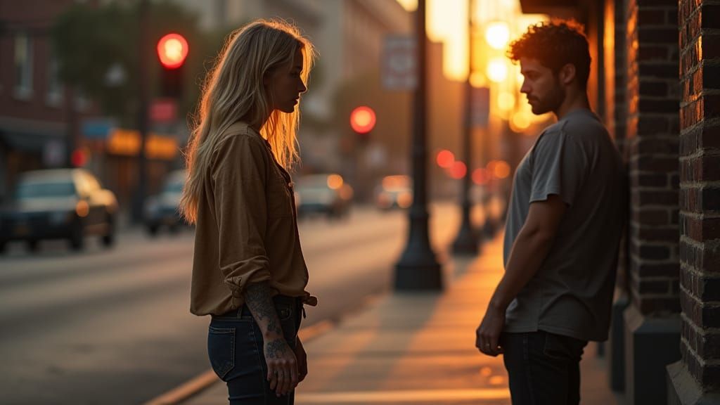 Woman Observes Man on City Street at Dusk in Photorealistic ...