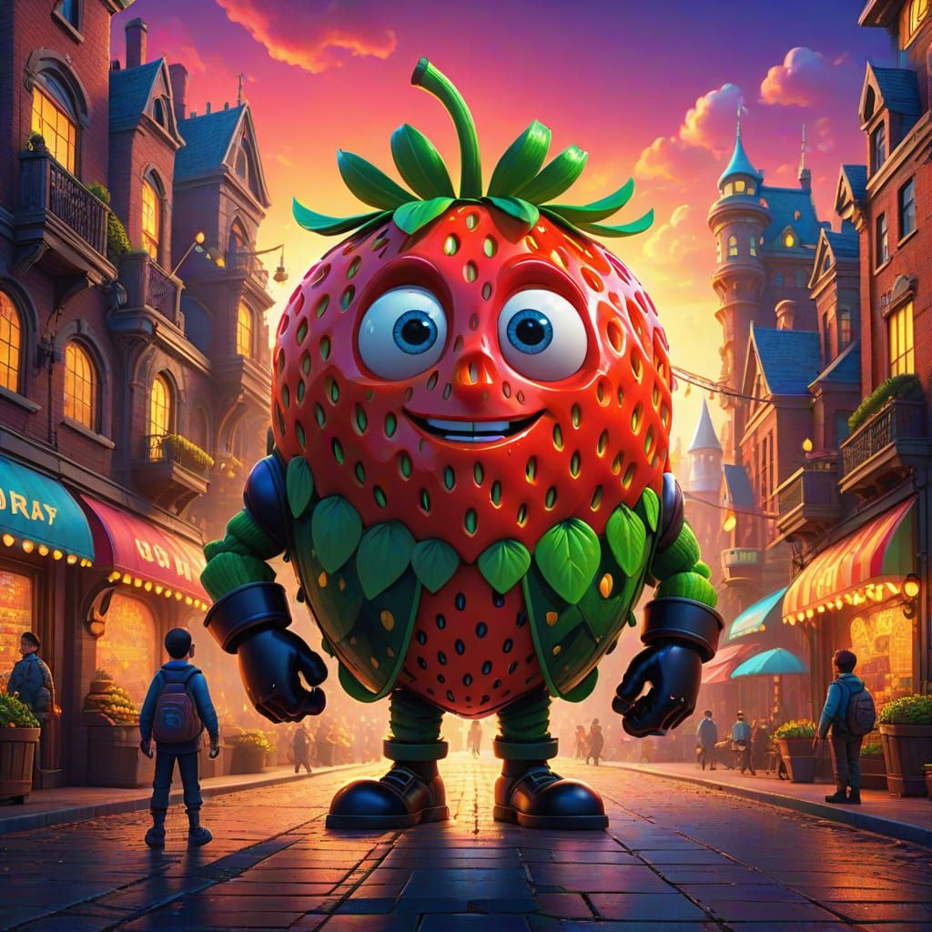 Vibrant Fantasy Cityscape with Strawberry Candyman