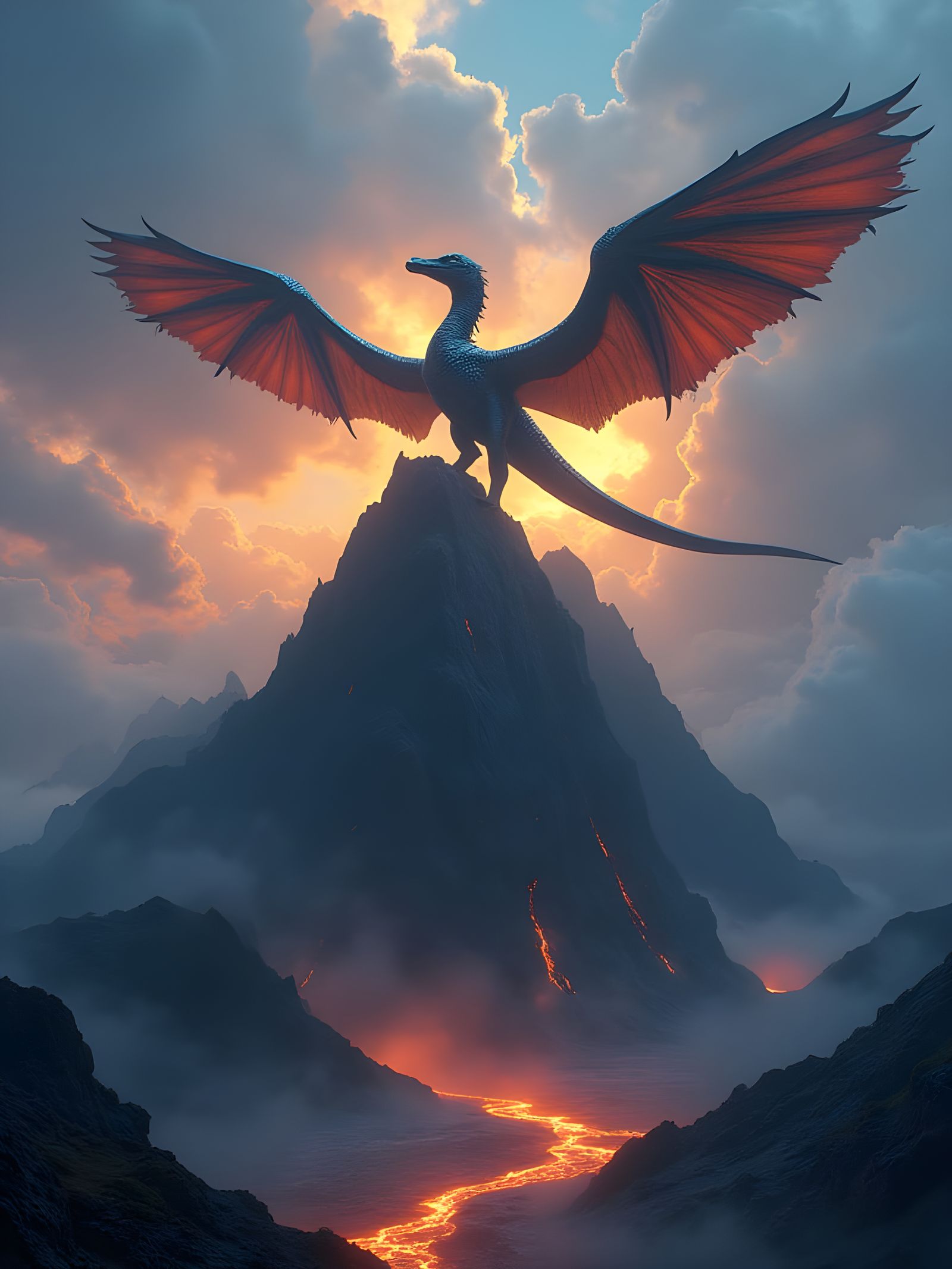 Epic Mother Pterodactyl Rules Over Majestic Blue Volcano