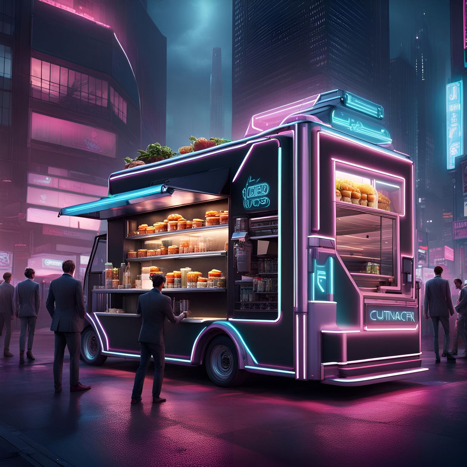 Cyberpunk Food Truck Scene in Futuristic City