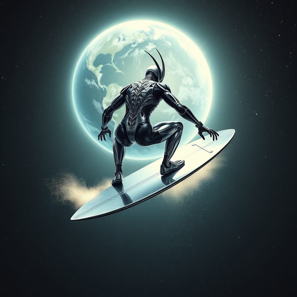 Biomechanical Starlight Surfer in Cosmic Horror Style