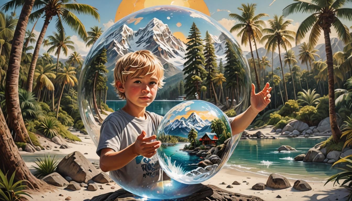 Glass Ball World: Hyperrealistic Mountain Meets Beach
