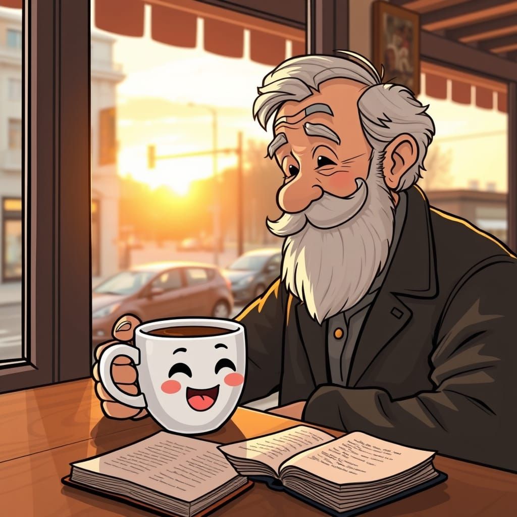 Kawaii Coffee Cup Giggles as Man Sips