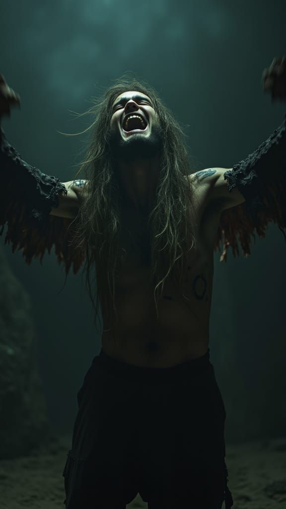 Distressed Cinematic Figure in Dark Ominous Landscape