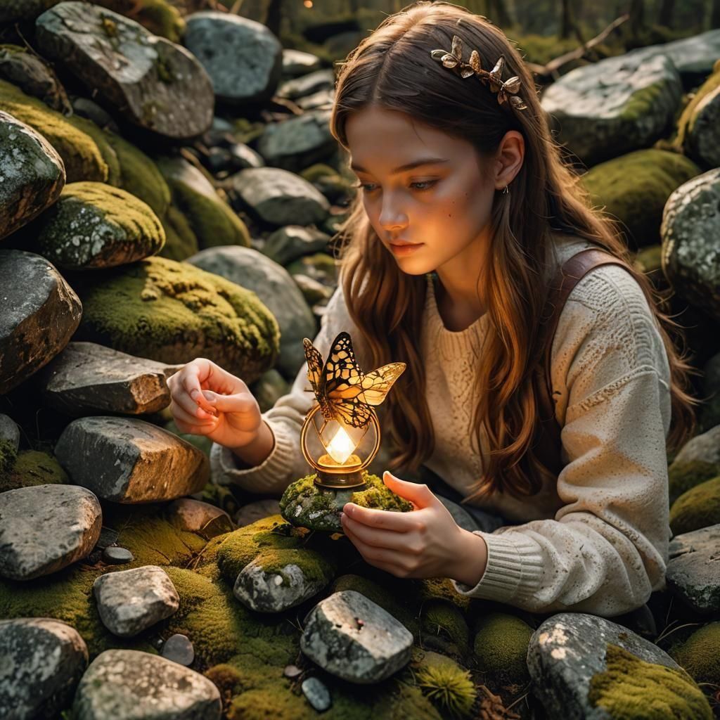 Butterfly Lamp with Girl Reading: Hyperrealistic Image
