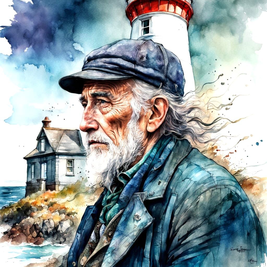 Lighthouse Keeper Portrait in Watercolor Style