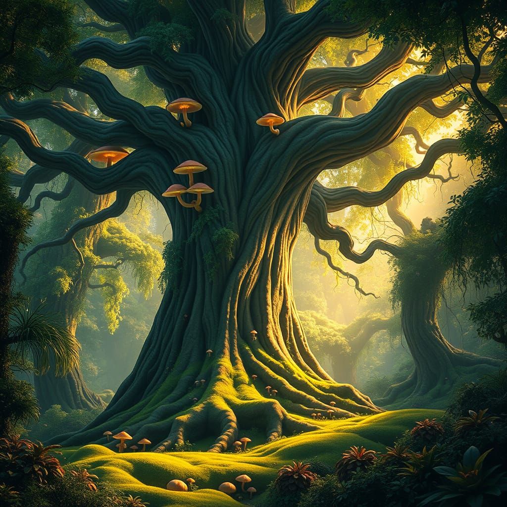 Ancient Tree Majestically Dominates Whimsical Forest Landsca...