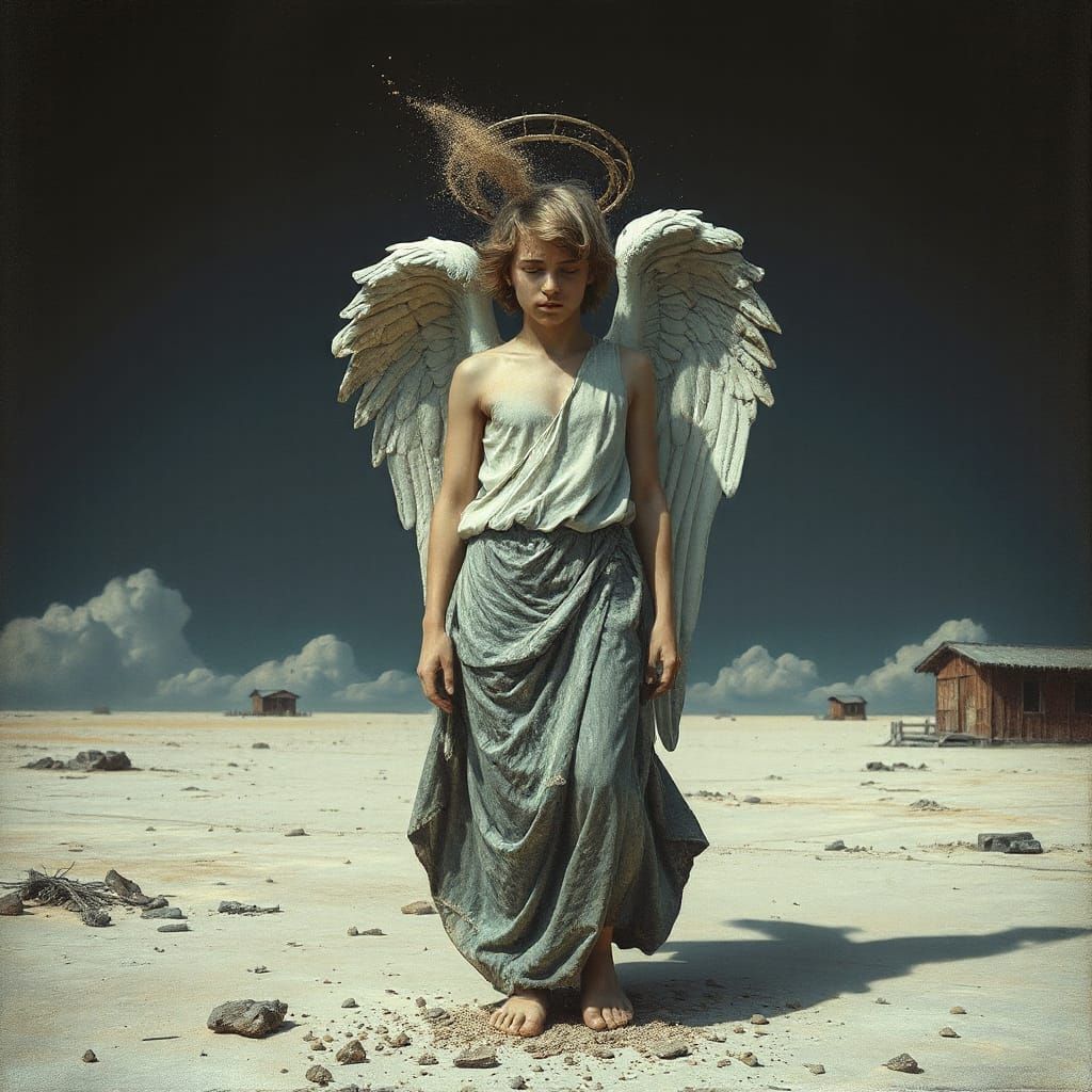 Melancholic Angel Descends Amidst Deserted Wasteland