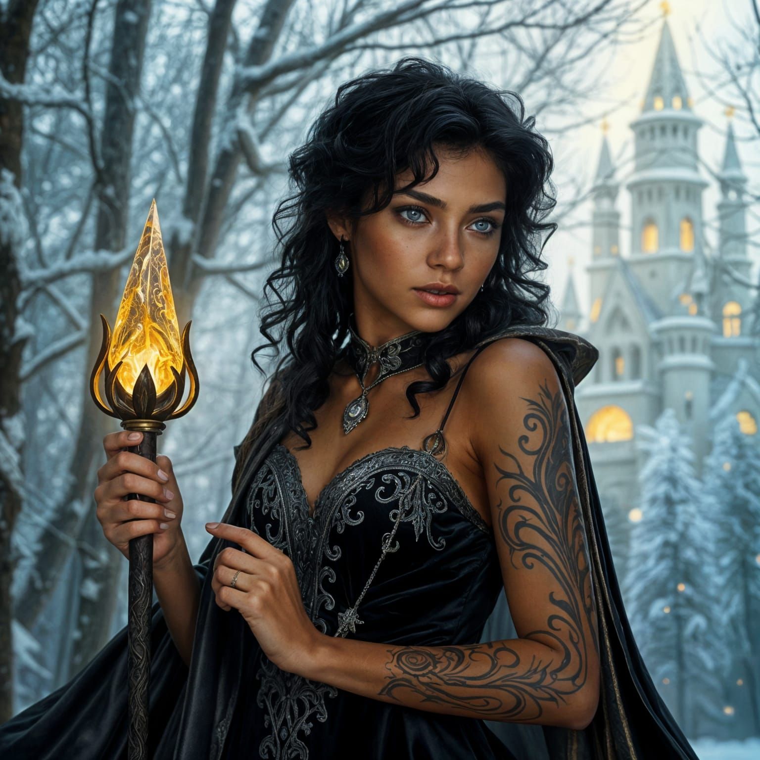 Ethereal Elven Sorceress in Snowy Winter Wonderland