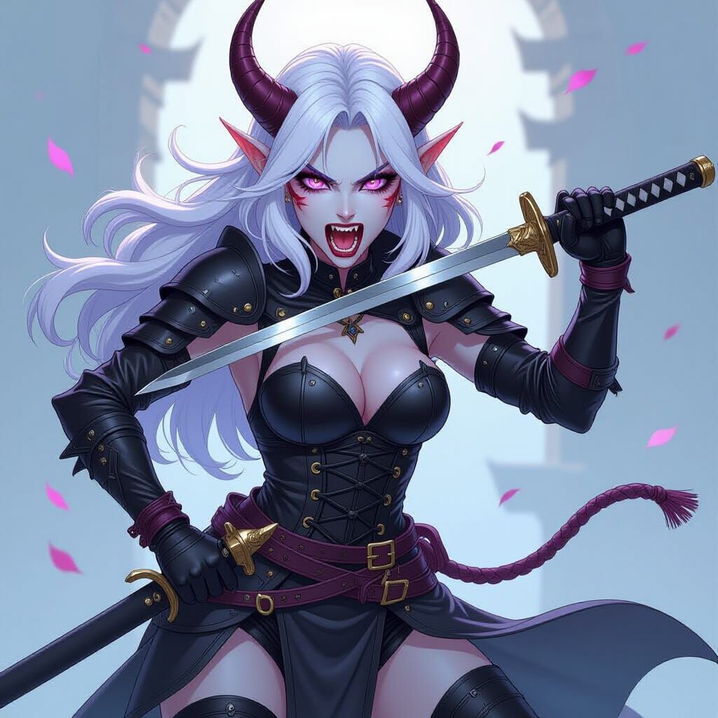 Fierce Tiefling Warrior Roaring with Katana in Anime Style